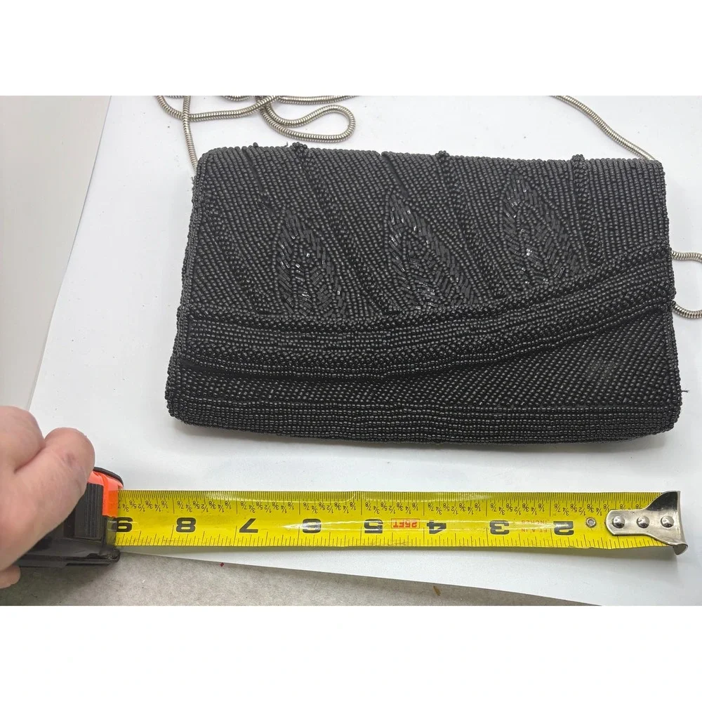 Black Beaded Clutch Evening Bag Silver Chain‎ Strap Formal Party Purse